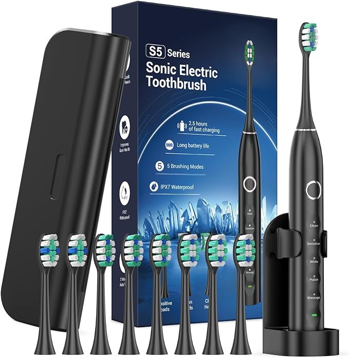 Electric Toothbrush for Adults with 8 Brush Heads, Sonic Toothbrush Rechargeable with a Holder & Travel Case, 2.5 Hours Charge for 120 Days Use